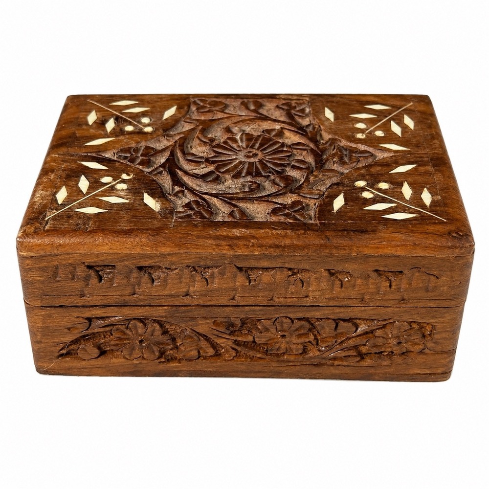 Vintage Hand Carved Wood Jewelry Box India Floral Inlay Trinket Blue Lined